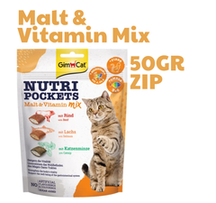 150gr -Malt Vitamin Mix -Nutri Pocket Gimcat - Bánh thưởng giòn có nhân vị Thịt Bò, Cá Hồi, Cỏ Mèo