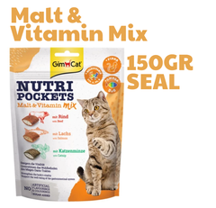 150gr -Malt Vitamin Mix -Nutri Pocket Gimcat - Bánh thưởng giòn có nhân vị Thịt Bò, Cá Hồi, Cỏ Mèo
