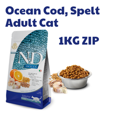 Hạt Adult CAT Ocean Cod, Spelt, Oats & Orange Farmina N&D | Mèo trưởng thành Cá Tuyết, Lúa mì, Yến Mạch & Cam