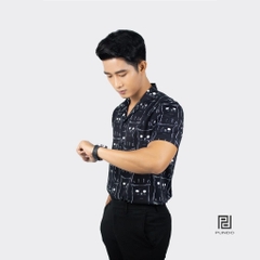 Áo Sơ Mi Đi Biển Vải Lụa Tay Ngắn Nam Họa Tiết Mèo Đen PUNDO Chất Lụa Không Nhăn, Co Giãn Tốt ASMPD039