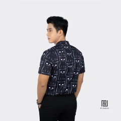 Áo Sơ Mi Đi Biển Vải Lụa Tay Ngắn Nam Họa Tiết Mèo Đen PUNDO Chất Lụa Không Nhăn, Co Giãn Tốt ASMPD039