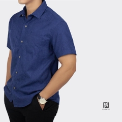 Áo Sơ Mi Nam Đi Biển Tay Ngắn Màu Xanh Đen PUNDO Cổ Bẻ Chất Nhung Tăm Cao Cấp ASMPD333