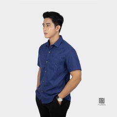 Áo Sơ Mi Nam Đi Biển Tay Ngắn Màu Xanh Đen PUNDO Cổ Bẻ Chất Nhung Tăm Cao Cấp ASMPD333