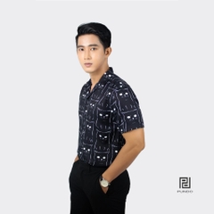 Áo Sơ Mi Đi Biển Vải Lụa Tay Ngắn Nam Họa Tiết Mèo Đen PUNDO Chất Lụa Không Nhăn, Co Giãn Tốt ASMPD039