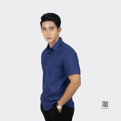 Áo Sơ Mi Nam Đi Biển Tay Ngắn Màu Xanh Đen PUNDO Cổ Bẻ Chất Nhung Tăm Cao Cấp ASMPD333