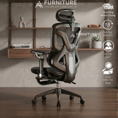 Ghế Công Thái Học E18 Grey Có Gác Chân - Ghế Xoay Văn Phòng Lưng Lưới Ngả 145 Độ Chống Đau Lưng