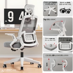 Ghế Xoay Văn Phòng Model 588 White - Thiết Kế Ergonomic Hỗ Trợ Cột Sống, Tựa Đầu Điều Chỉnh Phù Hợp Làm Việc Và Học Tập