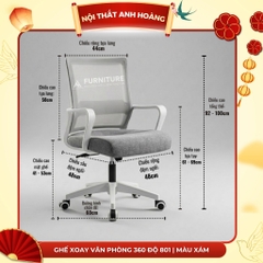 Ghế Xoay Văn Phòng 360 Độ Tay Cố Định Vững Chắc, Thiết Kế Tinh Tế Tối Giản Đệm Dày | 801 Grey | Nội Thất Anh Hoàng