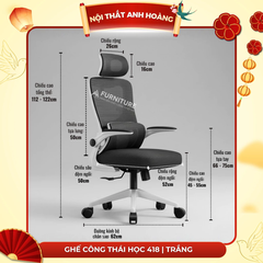 Ghế Công Thái Học 418 – Tựa Đầu, 2 Lưng Đệm Lưới Đỡ Cột Sống, Tay Ghế Điều Chỉnh | Nội Thất Anh Hoàng