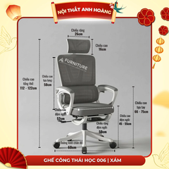 Ghế Xoay Văn Phòng 2 In 1 Màu Xám, Ghế Công Thái Học, Ghế Game Tựa Đầu 3d, Lưng Ghế Có Thể Ngả 145° | 006 | Nội Thất Anh Hoàng