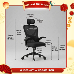 Ghế Văn Phòng Công Thái Học Cao Cấp, Bảo Vệ Cột Sống Lưng, Tựa Đầu 3D Êm Ái | 699 Đen | Nội Thất Anh Hoàng