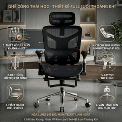 Ghế Xoay Công Thái Học Model 905 Black, Gác chân, Tựa cổ, Tựa Lưng Thay Đổi Linh Hoạt Thiết Kế Bảo Vệ Cột Sống Ngả Lưng 145 Độ