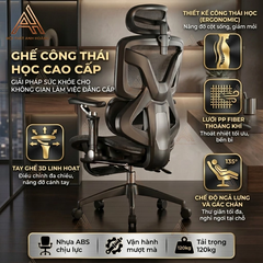 Ghế Công Thái Học E18 Black Có Gác Chân - Ghế Xoay Văn Phòng Lưng Lưới Ngả 145 Độ Chống Đau Lưng