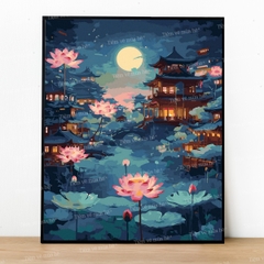 Tranh số hóa Sen tỏa dưới trăng đã căng khung 40x50cm