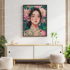 Tranh số hóa Cô gái sen hồng đã căng khung 40x50cm