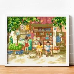 Tranh số hóa Tiệm tạp hóa tuổi thơ đã căng khung 40x50cm