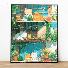 Tranh số hóa Mèo dưa hấu đã căng khung 40x50cm
