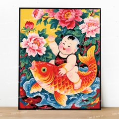 Tranh số hóa Đồng đồng ngư hội đã căng khung 40x50cm