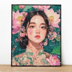 Tranh số hóa Cô gái sen hồng đã căng khung 40x50cm