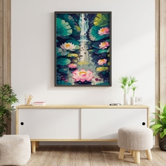 Tranh số hóa Hoa sen dưới thác đã căng khung 40x50cm