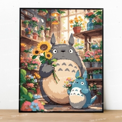 Tranh số hóa Totoro và cửa hàng hoa đã căng khung 40x50cm
