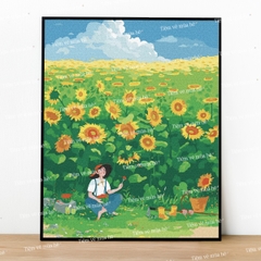 Tranh số hóa Trưa hè trên đồng hướng dương đã căng khung 40x50cm