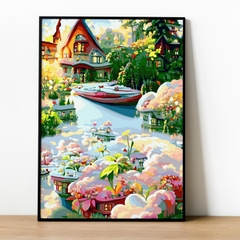 Tranh số hóa Tiên cảnh Bình minh bên sông đã căng khung 40x50cm