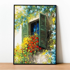 Tranh số hóa Cửa sổ đầy hoa đã căng khung 40x50cm