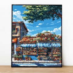 Tranh số hóa Cửa hàng hoa đã căng khung 40x50cm