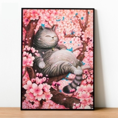 Tranh số hóa - Chú mèo hoa anh đào đã căng khung 40x50cm 24 màu
