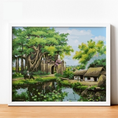 Tranh số hóa - Làng quê Việt Nam đã căng khung 40x50cm 28 màu