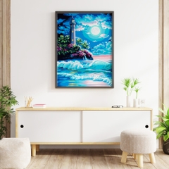 Tranh số hóa - Ngọn hải đăng dưới ánh trăng đã căng khung 40x50cm 24 màu