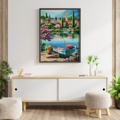 Tranh số hóa Ngôi làng châu Âu bên hồ đã căng khung 40x50cm