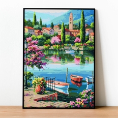 Tranh số hóa Ngôi làng châu Âu bên hồ đã căng khung 40x50cm