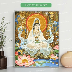Tranh đính đá Thanh Tịnh Quán Âm đã căng khung 40x50cm có backboard