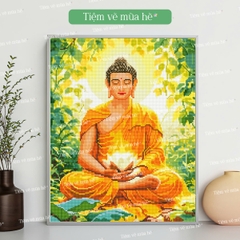 Tranh đính đá Phật Thiền Tịnh Liên Hoa đã căng khung 40x50cm có backboard