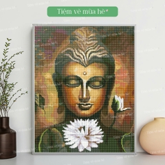 Tranh đính đá Phật sen trắng đã căng khung 40x50cm có backboard