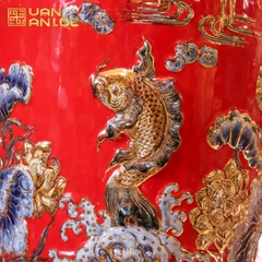 Lộc Bình Phúc Đức Men Đỏ Đắp Nổi Vẽ Vàng Bát Tràng