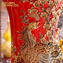 Lộc Bình Phúc Đức Men Đỏ Đắp Nổi Vẽ Vàng Bát Tràng