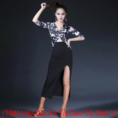 (T98) Váy Dài Xẻ Tà Cao Cổ Chữ V - Xanh + Size