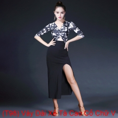 (T98) Váy Dài Xẻ Tà Cao Cổ Chữ V - Xanh + Size