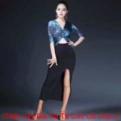 (T98) Váy Dài Xẻ Tà Cao Cổ Chữ V - Xanh + Size