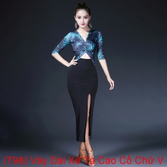 (T98) Váy Dài Xẻ Tà Cao Cổ Chữ V - Xanh + Size