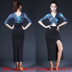 (T98) Váy Dài Xẻ Tà Cao Cổ Chữ V - Xanh + Size
