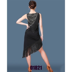 (D1821) Váy Đen Tua Rua Chéo Cổ V Đính Hạt Cườm Cộc Tay - Đen + Size