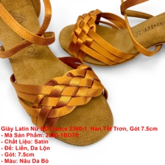 Giày Latin Nữ BD Dance 2360-1, Nan Tết Trơn, Gót 7.5cm (2360-1BD7P) - Nâu Da Bò + Size