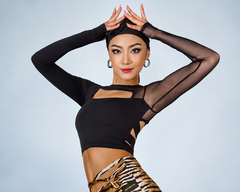 (WJJDance) Áo Crop Top Lưng Rỗng, Dài Tay Ren W22C204 (W22C204) - Đen + Size