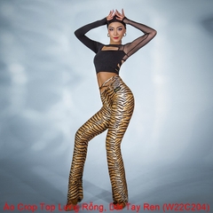 (WJJDance) Áo Crop Top Lưng Rỗng, Dài Tay Ren W22C204 (W22C204) - Đen + Size