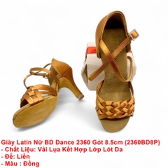 Giày Latin Nữ BD Dance 2360, Nan Tết Có Đường May, Gót 8.5cm (2360BD8P) - Nâu Da Bò