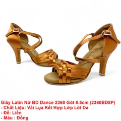 Giày Latin Nữ BD Dance 2360, Nan Tết Có Đường May, Gót 8.5cm (2360BD8P) - Nâu Da Bò